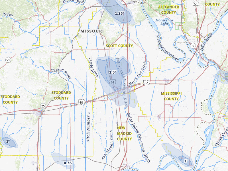 NEXRAD radar-signature map of the hail over Sikeston, MO
