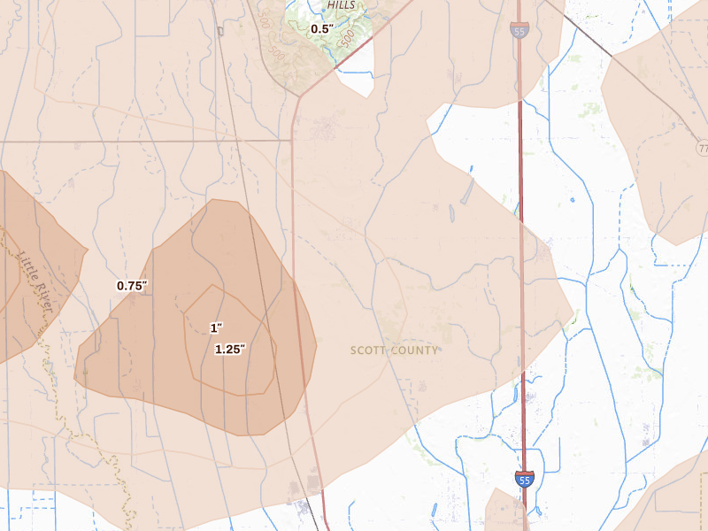 Radar-estimated hail-size map of the storm over Sikeston, MO on Aug 19, 2026