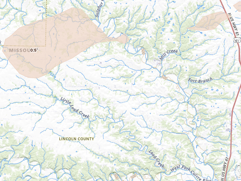 Radar-estimated hail-size map of the storm over Silex, MO on Jul 10, 2026