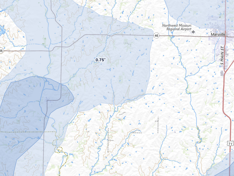 NEXRAD radar-signature map of the hail storm over Skidmore, MO on Apr 23, 2026