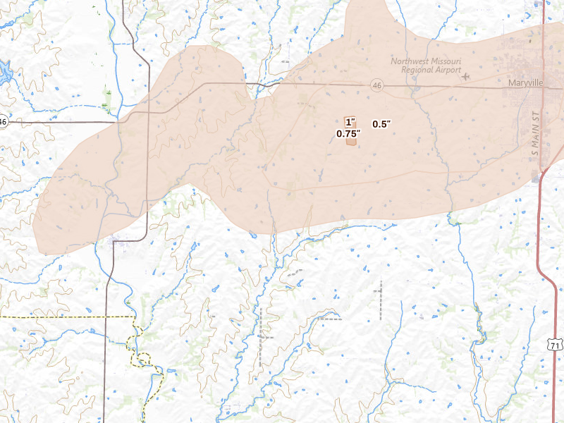 Radar-estimated hail-size map of the storm over Skidmore, MO on May 16, 2026
