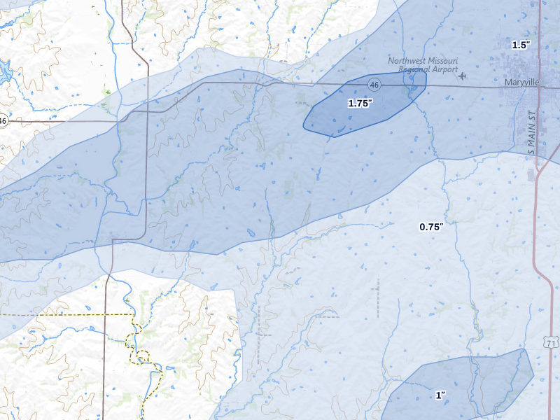 NEXRAD radar-signature map of the hail storm over Skidmore, MO on May 16, 2026