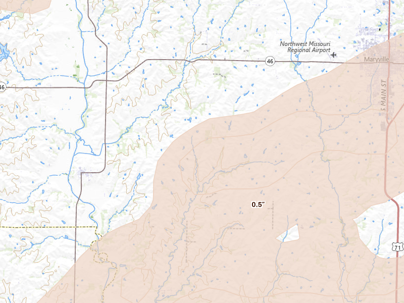 Radar-estimated hail-size map of the storm over Skidmore, MO on Jun 10, 2026