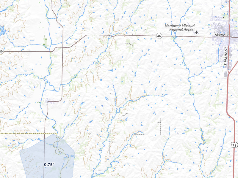 NEXRAD radar-signature map of the hail storm over Skidmore, MO on Jul 8, 2026