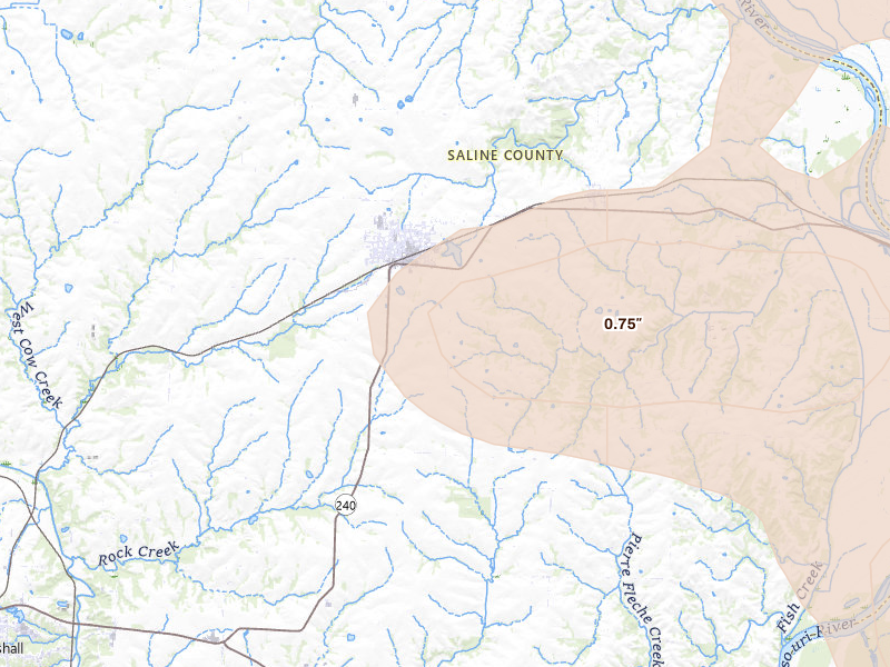 Radar-estimated hail-size map of the storm over Slater, MO on May 31, 2026