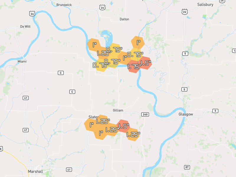 Hail map of Slater, MO on Jun 1, 2026, hail up to 1.75"