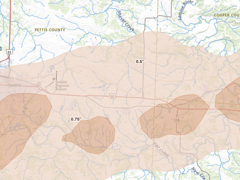 Radar-estimated hail-size map of the storm over Smithton, MO on Apr 27, 2026