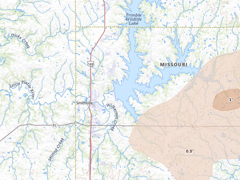Radar-estimated hail-size map of the storm over Smithville, MO on Mar 10, 2026