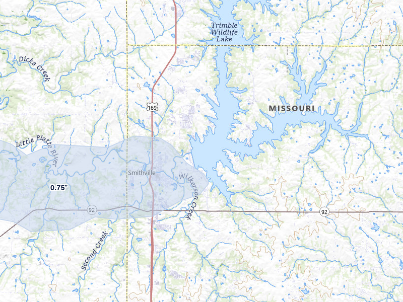 NEXRAD radar-signature map of the hail over Smithville, MO