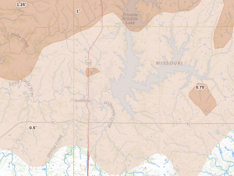 Radar-estimated hail-size map of the storm over Smithville, MO on Apr 26, 2026