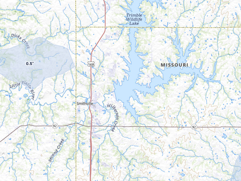 NEXRAD radar-signature map of the hail over Smithville, MO