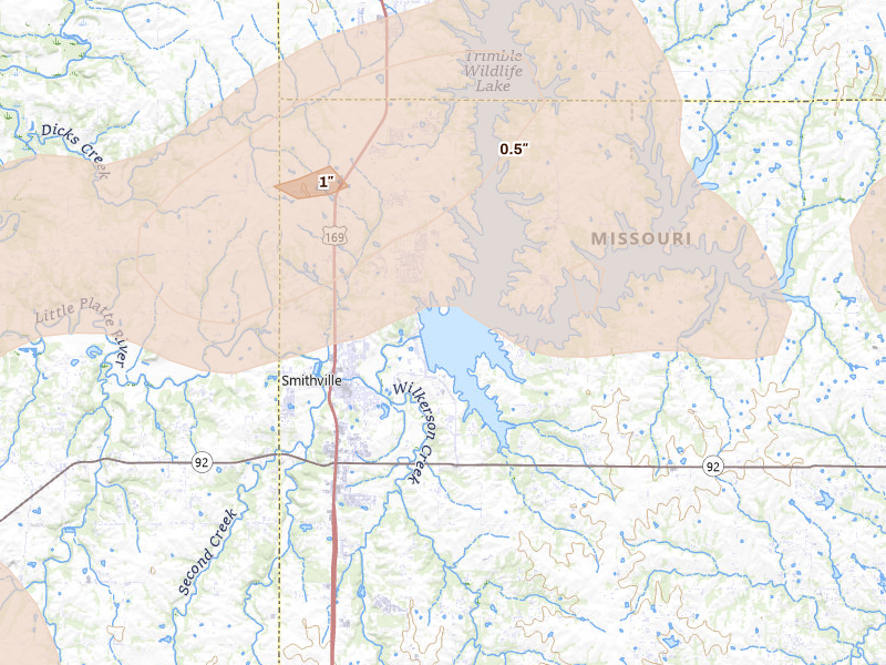 Radar-estimated hail-size map of the storm over Smithville, MO on May 31, 2026