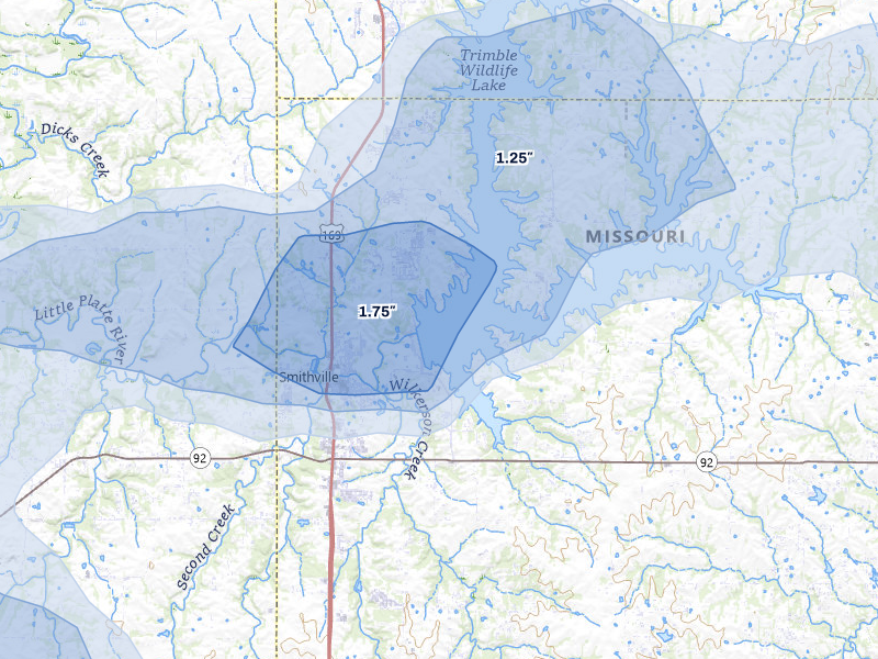 NEXRAD radar-signature map of the hail storm over Smithville, MO on May 31, 2026