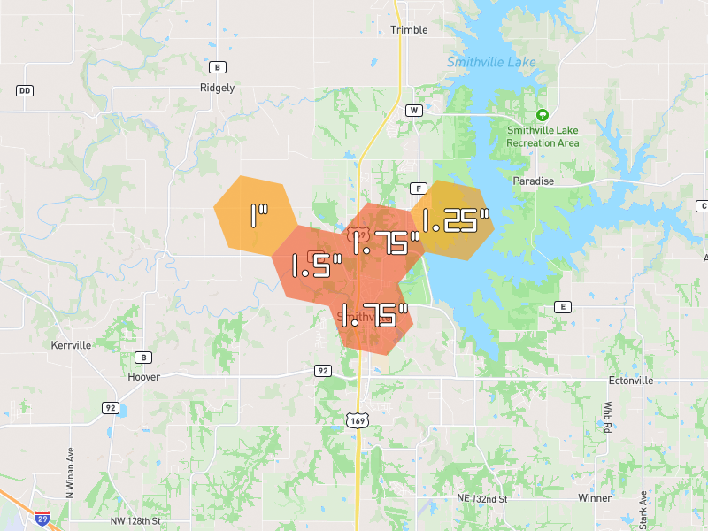 Hail map of Smithville, MO on Jun 1, 2026, hail up to 1.75"