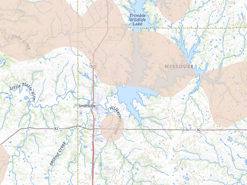 Radar-estimated hail-size map of the storm over Smithville, MO on Aug 5, 2026