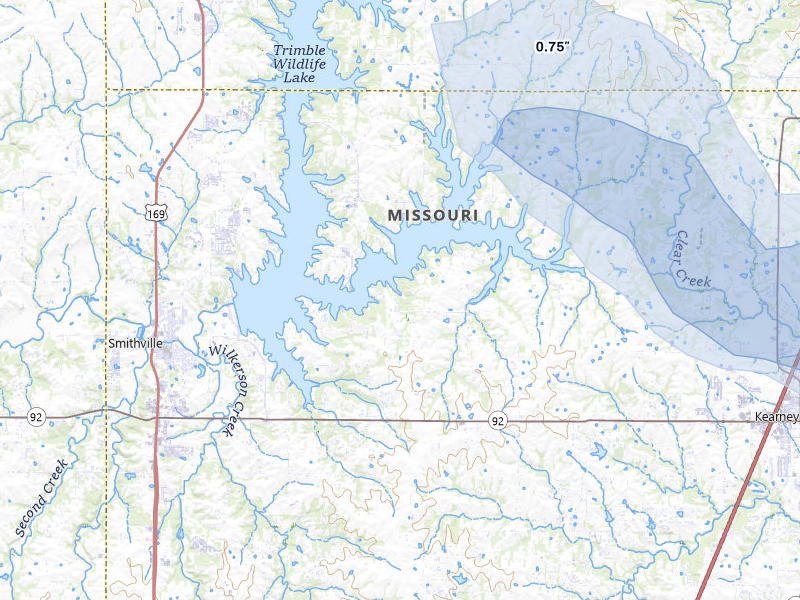 NEXRAD radar-signature map of the hail storm over Smithville, MO on Aug 5, 2026
