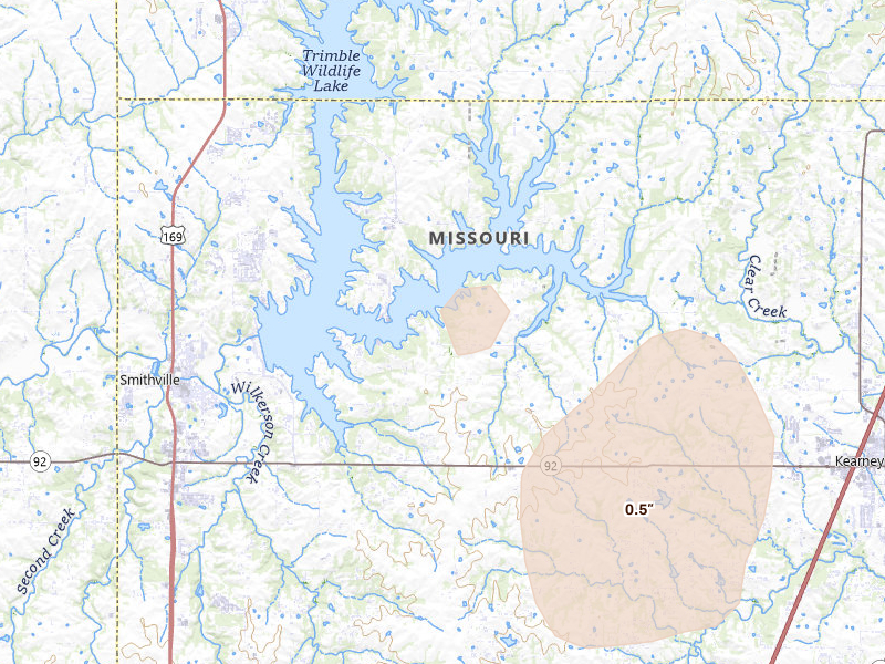 Radar-estimated hail-size map of the storm over Smithville, MO on Aug 9, 2026