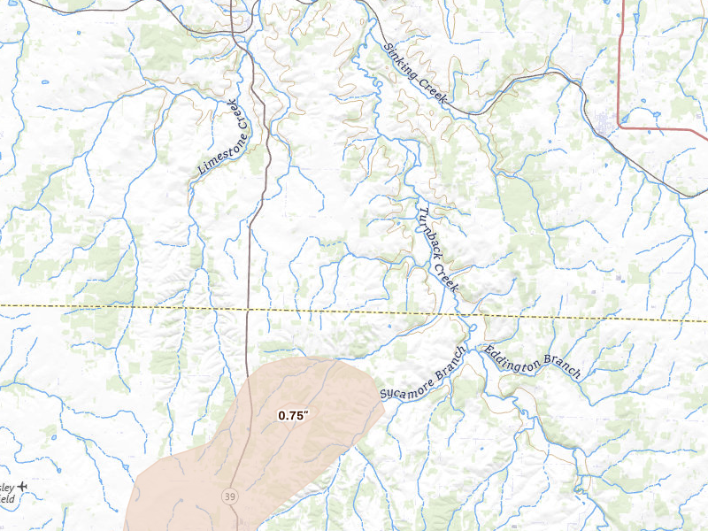 Radar-estimated hail-size map of the storm over South Greenfield, MO on Mar 4, 2026