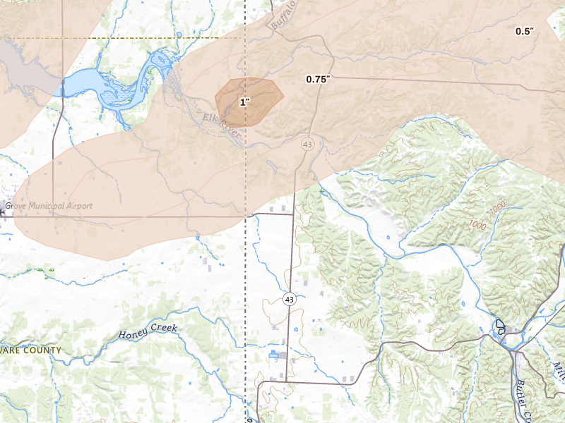 Radar-estimated hail-size map of the storm over South West City, MO on Apr 28, 2026