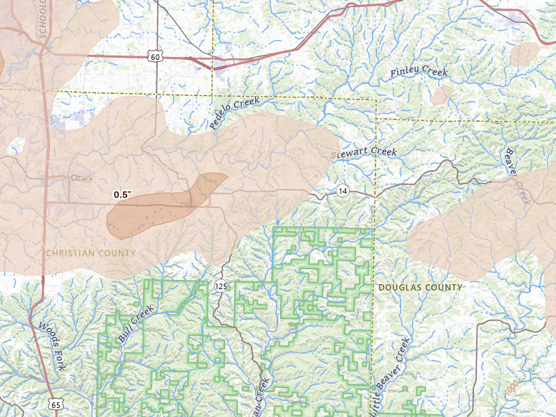 Radar-estimated hail-size map of the storm over Sparta, MO on Apr 28, 2026
