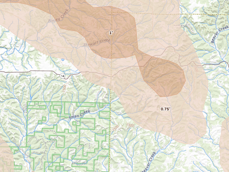 Radar-estimated hail-size map of the storm over Sparta, MO on Aug 6, 2026