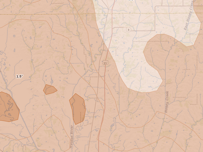 Radar-estimated hail-size map of the storm over Spickard, MO on May 16, 2026