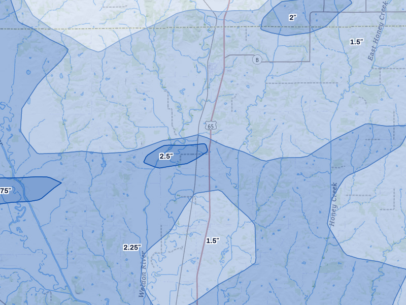 NEXRAD radar-signature map of the hail storm over Spickard, MO on May 16, 2026