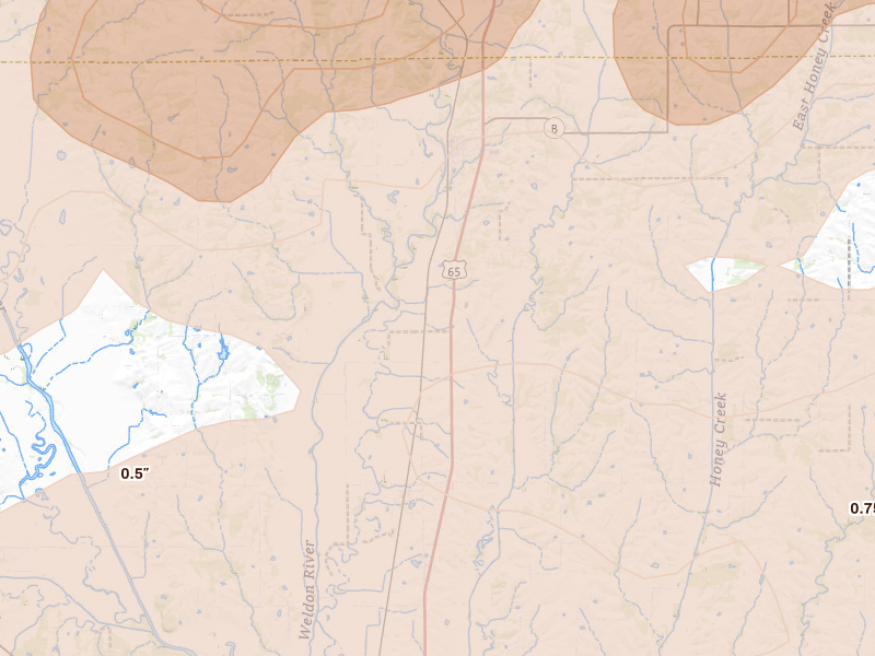 Radar-estimated hail-size map of the storm over Spickard, MO on Jun 10, 2026