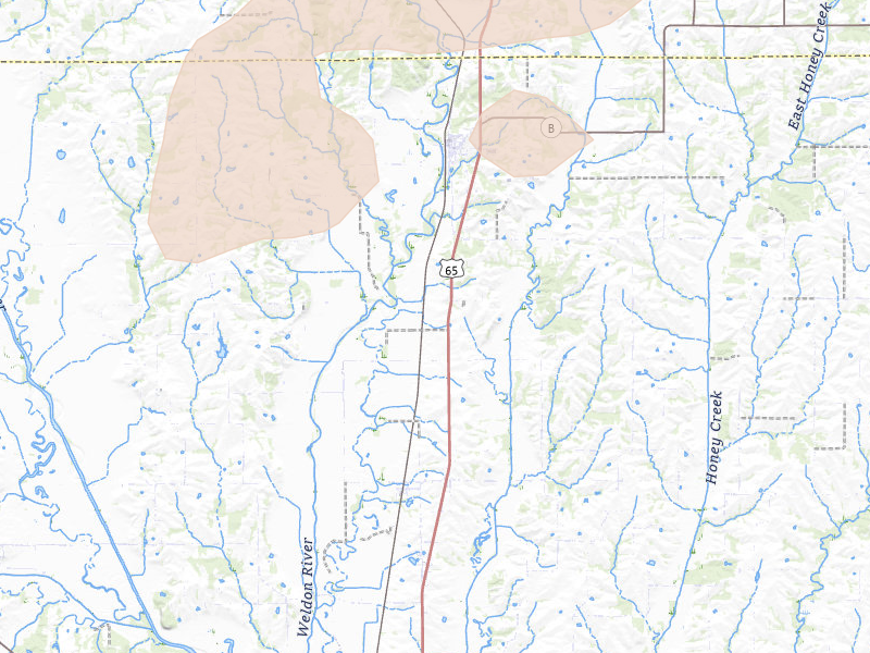 Radar-estimated hail-size map of the storm over Spickard, MO on Jun 11, 2026