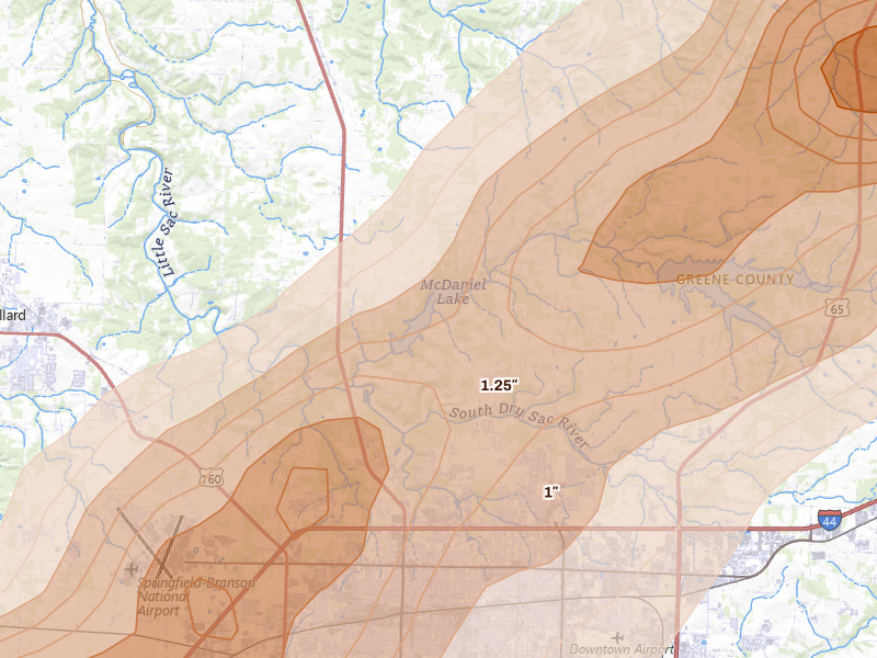 Radar-estimated hail-size map of the storm over Springfield, MO on Apr 28, 2026