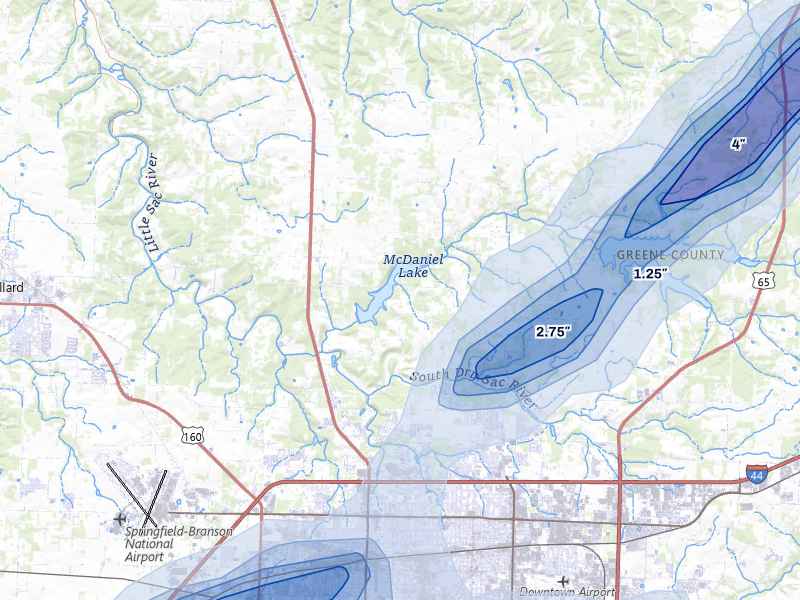 NEXRAD radar-signature map of the hail storm over Springfield, MO on Apr 28, 2026