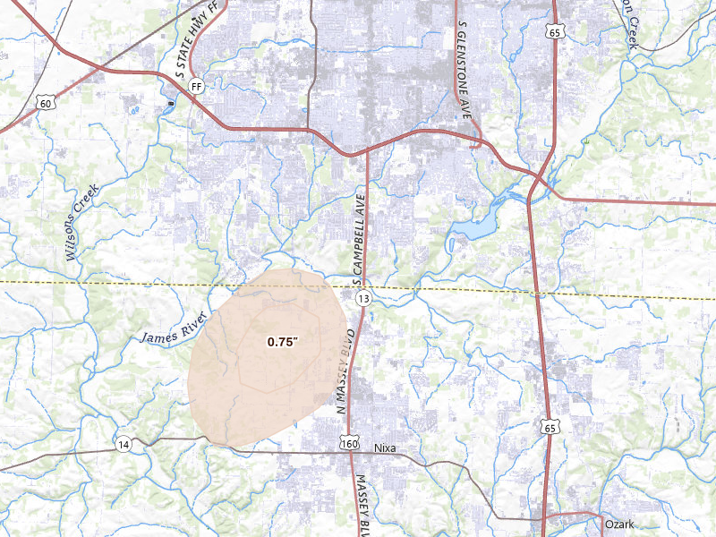 Radar-estimated hail-size map of the storm over Springfield, MO on Jul 6, 2026