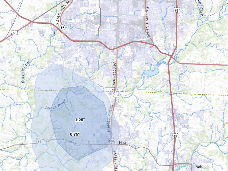 NEXRAD radar-signature map of the hail storm over Springfield, MO on Jul 6, 2026
