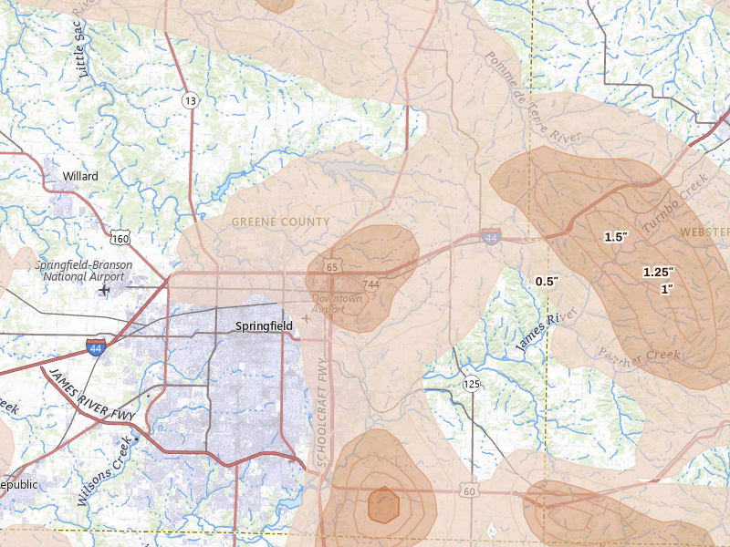 Radar-estimated hail-size map of the storm over Springfield, MO on Aug 6, 2026