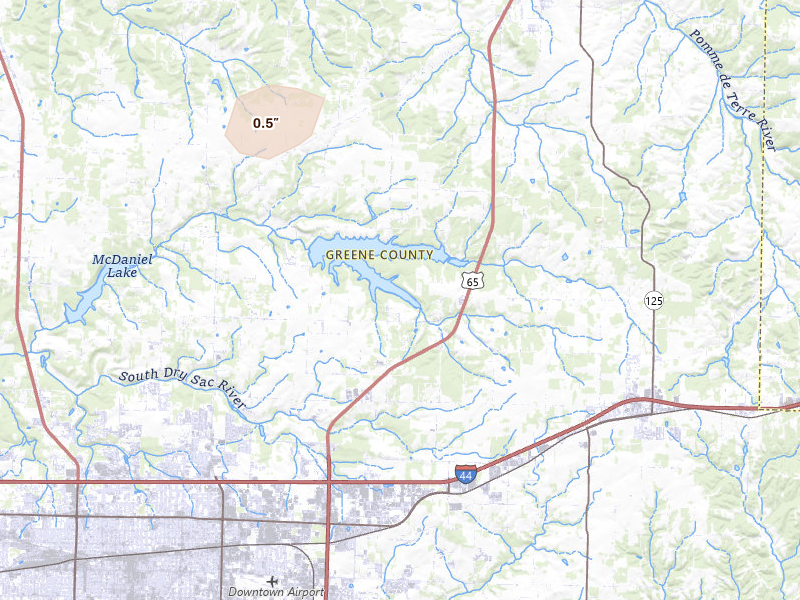 Radar-estimated hail-size map of the storm over Springfield, MO on Aug 16, 2026