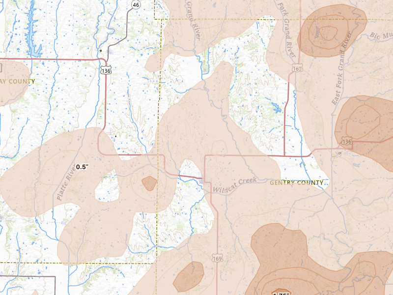 Radar-estimated hail-size map of the storm over Stanberry, MO on May 16, 2026