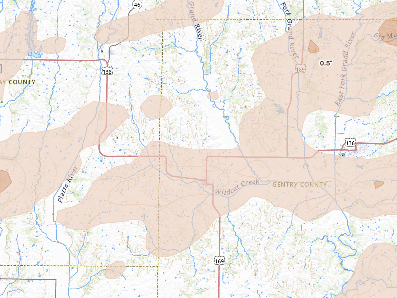 Radar-estimated hail-size map of the storm over Stanberry, MO on Jun 10, 2026
