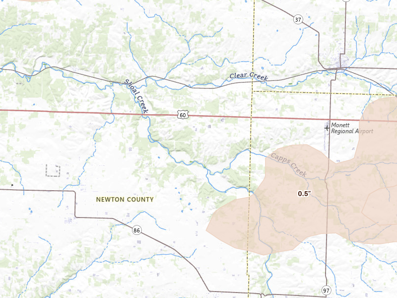 Radar-estimated hail-size map of the storm over Stark City, MO on Apr 27, 2026