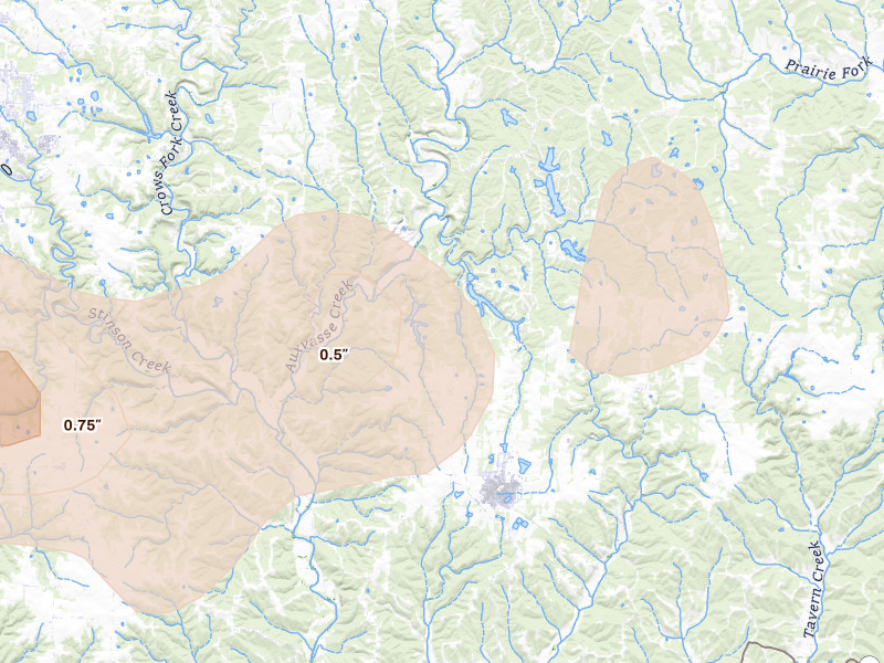 Radar-estimated hail-size map of the storm over Steedman, MO on Jun 11, 2026
