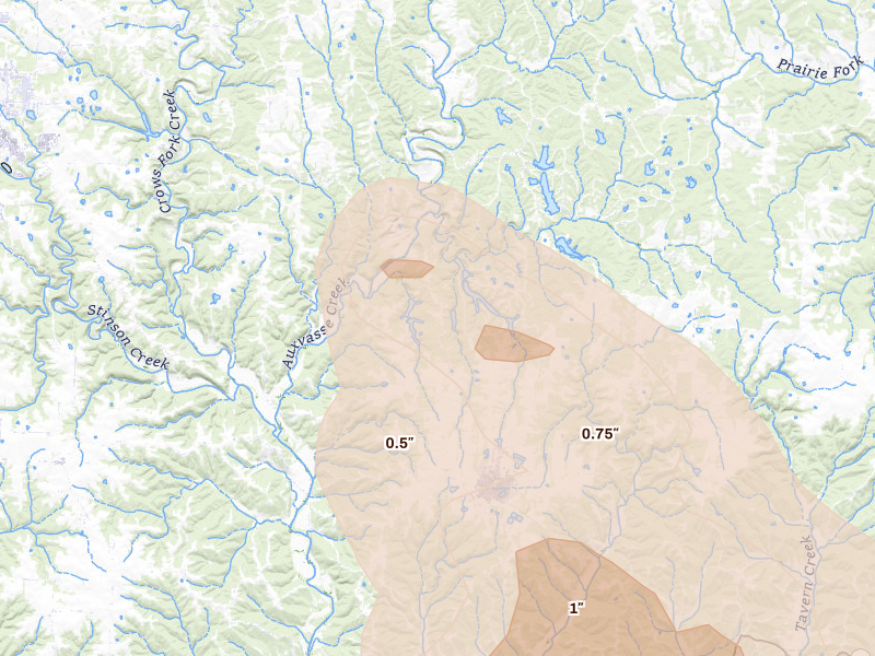 Radar-estimated hail-size map of the storm over Steedman, MO on Aug 12, 2026