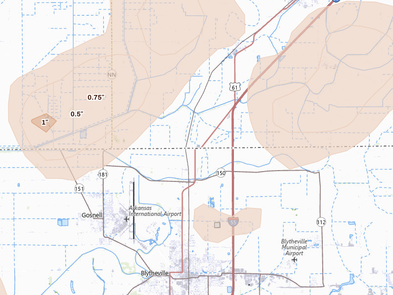 Radar-estimated hail-size map of the storm over Steele, MO on Jul 11, 2026