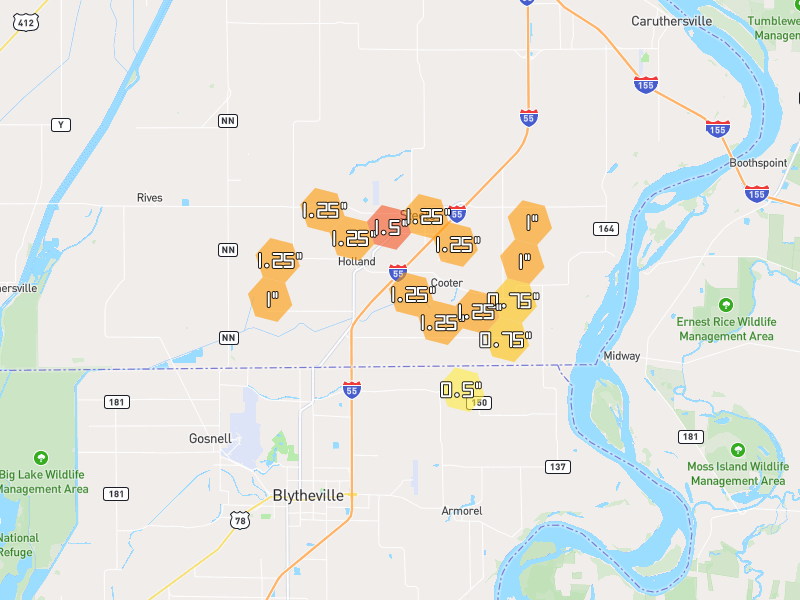 Hail map of Steele, MO on Jul 11, 2026, hail up to 1.5"