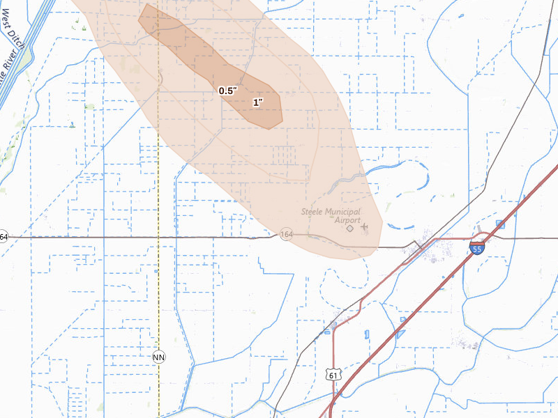 Radar-estimated hail-size map of the storm over Steele, MO on Aug 26, 2026