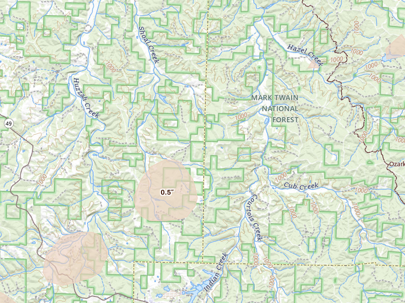 Radar-estimated hail-size map of the storm over Steelville, MO on Mar 4, 2026