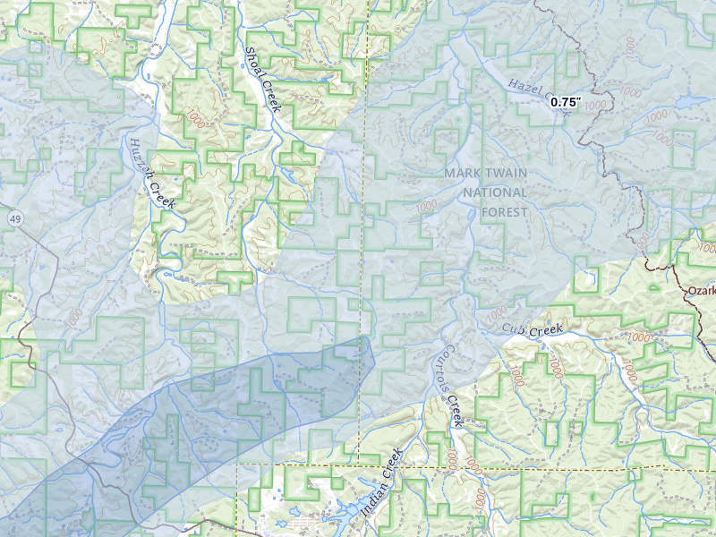 NEXRAD radar-signature map of the hail storm over Steelville, MO on Mar 4, 2026