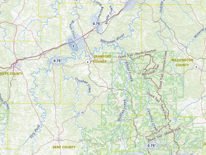 NEXRAD radar-signature map of the hail over Steelville, MO
