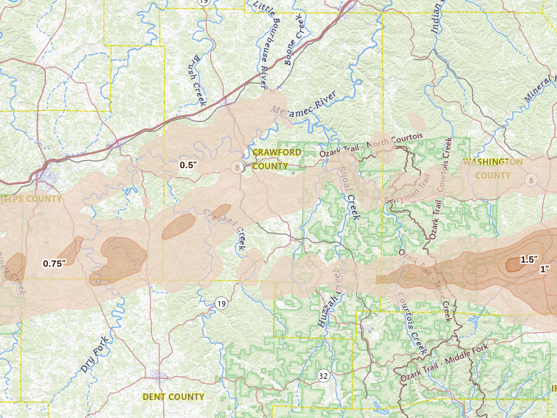 Radar-estimated hail-size map of the storm over Steelville, MO on Apr 26, 2026