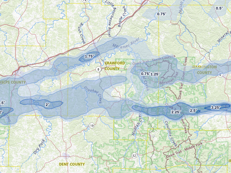 NEXRAD radar-signature map of the hail over Steelville, MO