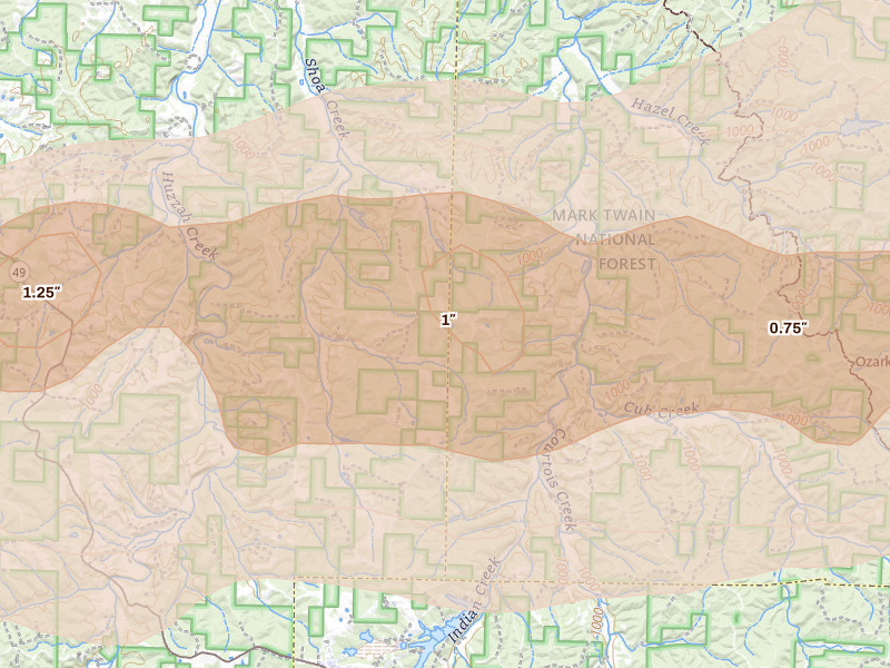 Radar-estimated hail-size map of the storm over Steelville, MO on Apr 27, 2026