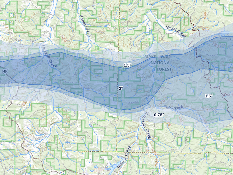 NEXRAD radar-signature map of the hail over Steelville, MO